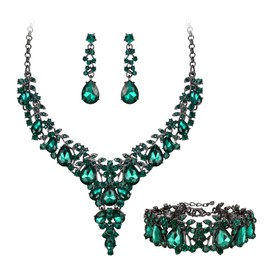EVER FAITH Banquet Jewelry Set for Women, Elegant Crystal Flower Round Teardrop Statement Prom Necklace Dangle Earrings Bracelet Green Black-Tone