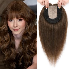 Hair Toppers for Women Real Human Hair, 360° 3D Toppers Pieces for Women with Thinning Crown Wispy Bangs 14 Inch Upgrade Big Basement (Medium Brown, 14 Inch Wispy Bangs)