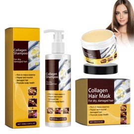 Hppsctink 2pcs Kollagen-Haarpflege, 100ml Kollagen Shampoo und 100g Kollagen-Haarmaske, Spendet tiefenwirksam Feuchtigkeit, Verbessert Frizz, trockene Spitzen und Spliss,shampoo