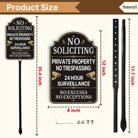 Smeryl No Soliciting Sign, Private Property No Trespassing 24 Hour Surveillance, No Excuses No Exceptions with 35.4" Stake for Yard, 12” x 8” Video Surveillance Sign, Aluminum, Easy to Install, 1 Pack