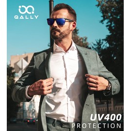 QALLY Mens Carbon Fiber Polarized Sunglasses Lightweight Rectangular Frame UV Protection Shady Sun Glasses for Driving, Black Frame/Dark Blue Lens