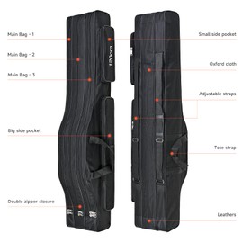 Srempeom 3 Layers Fishing Pole Bag,Portable 3 Layers Oxford Folding Rod Carry Case,Fishing Reel Tackle Storage Bag Case 120CM,Black