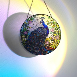 GALAG Stained Glass Window Hanging - Originally Designed Peacock Suncatchers for Sun Catchers Indoor Window | Gifts for Peacock Lovers Painted Glass Panel Decor Themed Gift