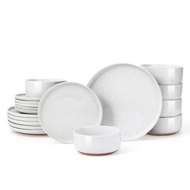 GZG Modern Art Series - 18 Pcs Speckled Stoneware Plates and Bowls Sets, Ceramic Dinnerware Set with Rustic Terracotta Underside, Microwave and Dishwasher Safe Handcrafted Dishes Set - Porcelain White