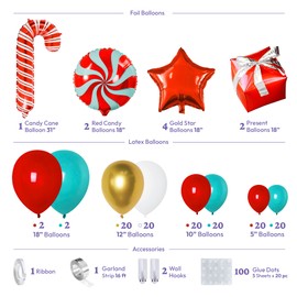 HOUSE OF PARTY Christmas Balloons Arch Kit - 145 Pcs - Christmas Balloons for Decorations Red, Teal, White with Candy Cane | Mylar Balloons with Candy Cane for Christmas Decoration