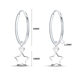 925 Silver Women's Creole Earrings with Pendant Star Earrings Hoop Earrings Diameter 16 mm Earrings for Women and Girls, Silver