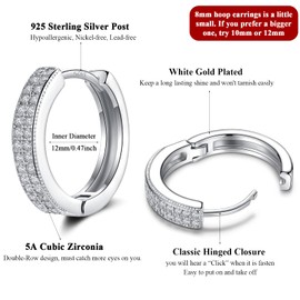 Small Silver Hoop Earrings for Women Men | Sterling Silver Post Double-row Cz Cubic Zirconia Pave Hinged Huggie Hoops Cartilage Helix Earings, Piercings Jewelry (12mm)