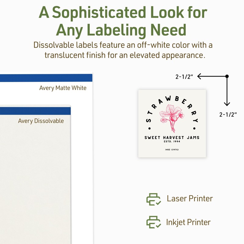 Avery Dissolvable Square Labels, Sure Feed Technology, 2.5" x 2.5",