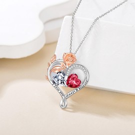 DONGHU Rose Heart Birthstone Necklace Sterling Silver April&July Heart Birthstone Necklace for Women 2 Birthstone Heart Pendant Birthday Christmas Valentine's Day Gift for Wife Mom Lady