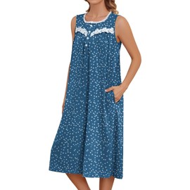 Bloggerlove Long Night Gown for Women Cotton Sleeveless House Dress with Pockets Lace Pleated Moomoo Night Dress(Navy,XXXL)