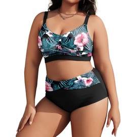 Tuopuda Plus Size Bikini Sets for Women Two Piece Bikini Top High Waisted Bikini Bottom Tummy Control Ruched Bathing Suits Swimming Costume 2 Piece Padded Beachwear Push Up, Blue Printing, M