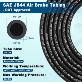 Boeray 50FT 1/2 DOT Air Line SAE J844 PA12 Nylon Air Hose with Cutter 1/2” OD Pneumatic Tubing DOT Approved 1/2 Air Brake Hose for Air Suspension Kit Truck Trailer Brake System & Fluid Transfer 15.5m