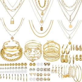 69 Pieces Gold Jewelry Set for Women Fashion Costume Jewelry Gold Necklace Bracelet Gold Earrings Set for Women - Color: Multicolor Studs Set