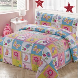 Better Home Style White Pink Blue & Yellow Patchwork Butterflies Floral Butterfly Design Kids/Girls Coverlet Bedspread Quilt Set with Pillowcases with Butterfly and Flower Imagery # Butterfly (Twin)