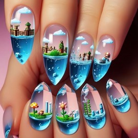Sea Press on Nails Almond Press on Nails Ocean Themed Press on Nails Ocean Blue False Nails with Glue Kits Fake Nails Almond Ocean Themed Press on Nails Ocean Blue False Nails