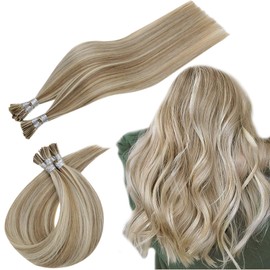 RUNATURE Brazilian Fusion Real Human Hair Extensions 18 Inches 50strands 50g Per Set Highlighted Color Ash Brown Mixed Platinum Blonde I Tip Human Hair Extensions Pre Bonded Remy Hair Human