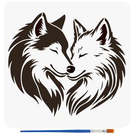 FINGERINSPIRE Wolf Couple Stencils with a Brush 11.8x11.8Inch Wolf Lover Painting Stencil Reusable Wolves Hearts PET Stencil Wild Animal Theme Decoration Template for Wood Wall Floor Furniture Tiles