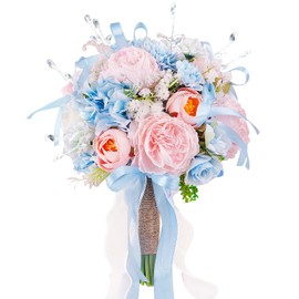 Ramos de boda de 21.8 cm para novia y dama de honor, ramo en azul bebé, rosa pálido y blanco cremoso con flores pastel de cristal, rosas artificiales falsas de seda para boda, arco iris, primavera