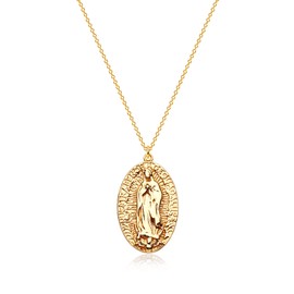 VACRONA Virgin Mary Coin Necklace 14K Gold Plated Catholic Christian Necklace Vintage Textured Medallion Pendant Necklace Dainty Oval Disk Charm Necklace for Women Gift