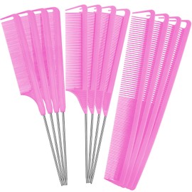 Patelai 12 Pieces Parting Comb for Braids Rat Tail Steel Pintail Fine Teeth Heat Resistant Teasing Combs with Stainless Steel Pintail(Pink)
