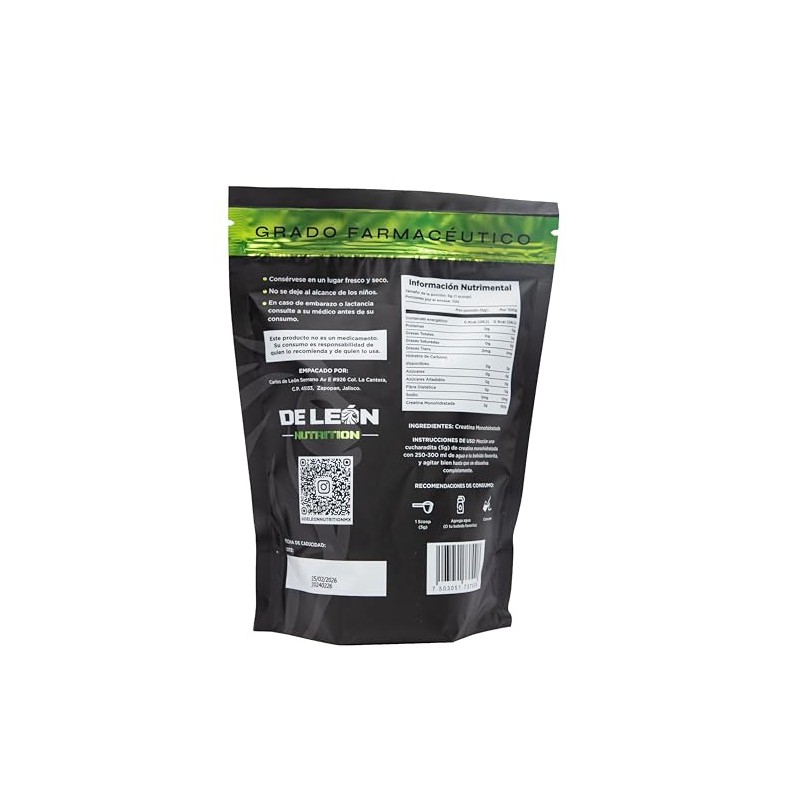 Creatina Monohidratada sin Sabor ni Azúcar de De Leon Nutrition,