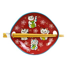 Ebros Red Maneki Neko Lucky Cat Appetizer Snack Serving Coupe Plate Dish With Chopsticks And Built In Rest Set Small Flat Bowl For Hors D'oeuvres Sushi Ice Cream Serveware Plates (1)