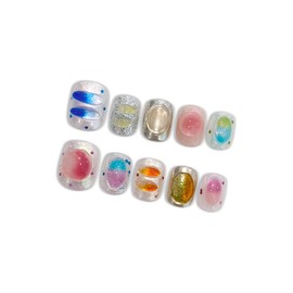 Hantyer Press on Nails, Short Round Fake Nails in Dopamine Colors, 3D Candy Decor & Icy Translucent Glitter, 10 Pcs Handmade Nails Sweet Style for Daily Commute, Party & Holiday Events(Size L)