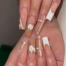 SEENEEY Press on Nails Hallowee Long Square Artificial Fake Nails White French Extra Long Stick on Nail for Women 24pcs