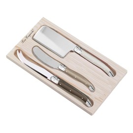 Lou Laguiole 3 Piece Cheese Knife Knives Set in Tray Stainless Steel with Taupe Handles