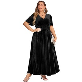 Simplee Women's V Neck Plus Size Velvet Maxi Dress Short Sleeve Evening Party Long Formal Dress for Wedding Guest(3XL Black)