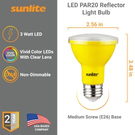 Sunlite 40248 LED PAR20 Colored Recessed Light Bulb, 3 Watt (50w Equivalent), Medium (E26) Base, Floodlight, ETL Listed, Yellow, 3 Count