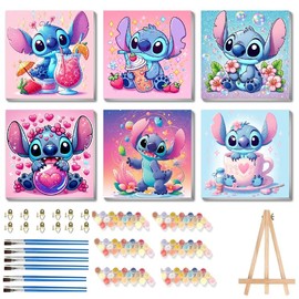 nekpiahu 6 Pack Cartoon Paint by Numbers for Kids with Framed Canvas-with Wooden Easel, Paint by Number for Kids Ages 4-8-12, DIY Easy Acrylic Oil Painting Kits for Home Wall Decor (8X8inch)