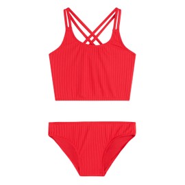 Kanu Surf Girls' Waverly UPF 50+ Beach Sport Criss-Cross Tankini, Drop Needle Solid Red