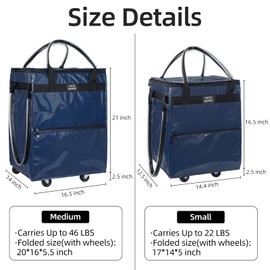 TCOMAKE Reusable Grocery Bag on Wheels, Rolling Shopping Bags with Wheels and Handle, Folding Rolling Tote Trolley, Zipper Cover, Carries Up to 22 LBS, Easy Transportation (Small, DK Blue)