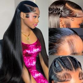 KINCYDU Straight Wigs Pre Plucked Lace Front Wigs 250 Density HD Lace Front Wigs 28 Inch 13x4 Straight Black Wigs For Black Women Synthetic Lace Front Wig With Baby Hair Daily Party Use