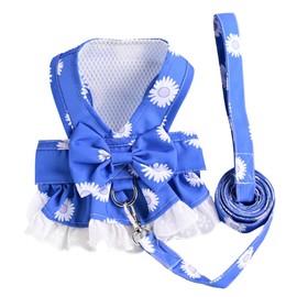 Anelekor Dog Harness Dress for Small Dog Daisy Floral Dog Harness and Leash Set Bow Knot Girl Puppy Princess Skirt with D-Ring Mesh Summer Pet Clothes for Cat Dogs (Large, Blue)