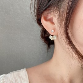 Ximdble Vintage Crystal Bow Ear Jacket Earrings Boho Pearl Stud Earrings Rhinestone Bow Earrings Cz Statement Pearl Earrings for Women