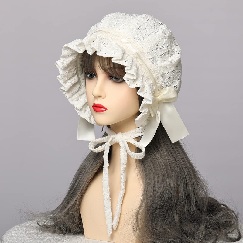 Ladies Victorian Pioneer Colonial Pilgrim Bonnet Plus Size, White (white