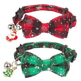 ADOGGYGO Christmas Cat Collar Breakaway with Cute Bow Tie Bell - 2 Pack Kitten Collar Red Green Plaid Xmas Kitten Collar with Removable Bowtie Cat Bow Collar for Cats Kittens (7.5"- 10.5", Red&Green)