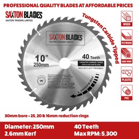 Saxton TCT Circular Wood Saw Blade 250mm x 30mm x 40T for Bosch, Makita etc fits 255mm saws