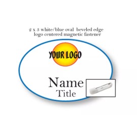 ABC BADGES AND BUTTONS 1 OVAL WHITE / BLUE NAME BADGE FULL COLOR LOGO 2 LINES OF PRINT PIN FASTENER
