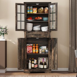 YITAHOME 71" Farmhouse Storage Cabinet, Kitchen Pantry, Wooden, Hutch, Tall Cabinet with 1 Drawers, 5 Storage Shelves, Freestanding for Living Room, Kitchen with 2 Doors Rustic Dark Brown