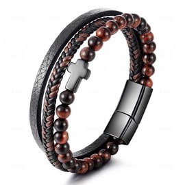 Panifio Religion Cross Multilayer Braided Leather Bracelet for Men Natural Tiger Eye Beads Stone Cross Bracelet