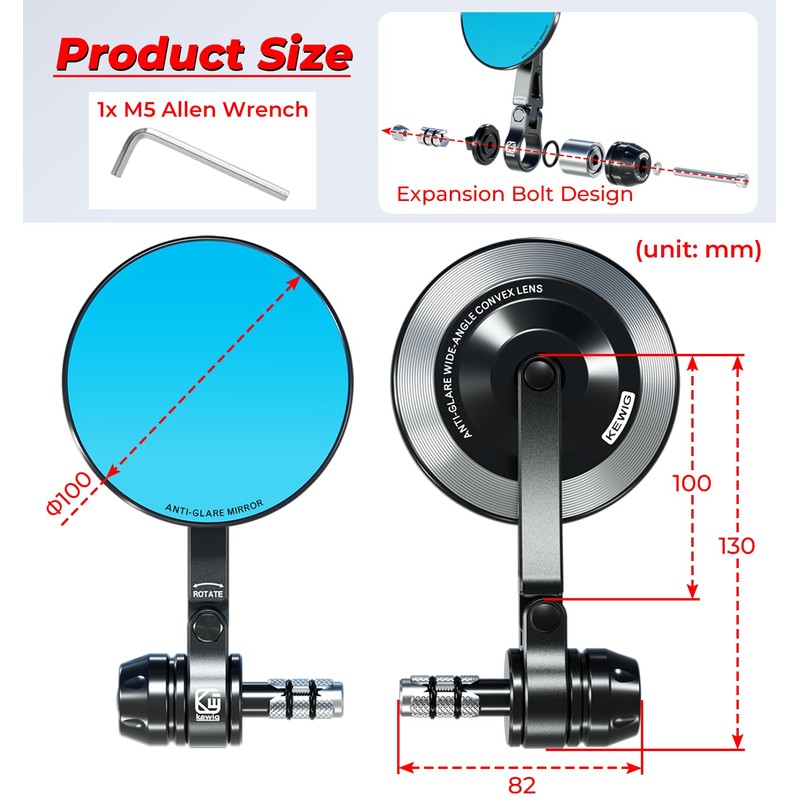 VAZESWIN Aluminum Alloy Rainproof Motorcycle Bar End Mirrors, CNC Machined