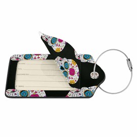 Numland Luggage Tag Sugar Skull Mexican Floral,Stainless Steel Ring Leather Luggage Tag for Travel Bag Suitcase