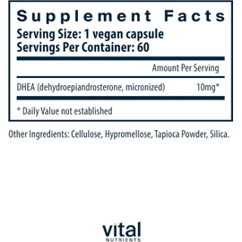 Vital Nutrients DHEA 10mg | Vegan Micronized DHEA Supplement for Women & Men | Supports Hormone Balance | Supports Healthy Metabolism of Sugar & Minerals | Gluten, Dairy, Soy Free | 60 Capsules