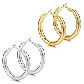 14k Gold Plated Thick Gold Hoop Earrings Lightweight Hollow Tube Earings for Women Hypoallergenic Chunky Gold/Silver Hoop Earrings 50mm