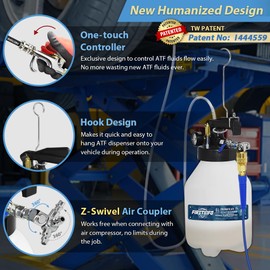 FIRSTINFO A1132NUS Patented 6 Liter 14 Pcs Taiwan-ATF Filler Adapters | Pneumatic Transmission Fluid Dispenser Pump | Hanging Hook | 360° Z-Swivel Air Fitting | Spring Structure Hose