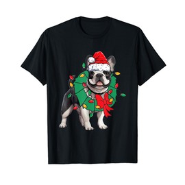 French Bulldog Santa Hat Wreath Christmas Lights T-Shirt for Men Women Kids