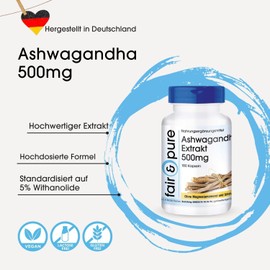 Fair & Pure® - Ashwagandha Kapseln Extrakt 500mg - 180 Kapseln - standardisiert auf 5% Withanolide - vegan - natürlich - ohne Magnesiumstearat